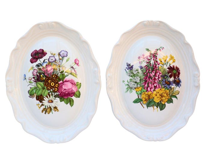 Vintage English Bone China Floral Wall Plaques: Cottage Decor Pair