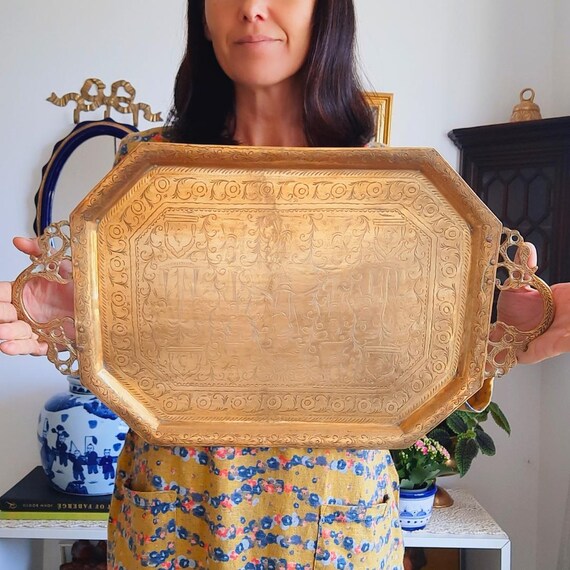 Antique Indian Brass Decorative Tray With Handles Hand-Engraved Ganesh God.
