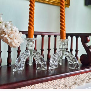 Art Deco Czech Pressed Glass Candle Holders: 1930s Rocket Pattern