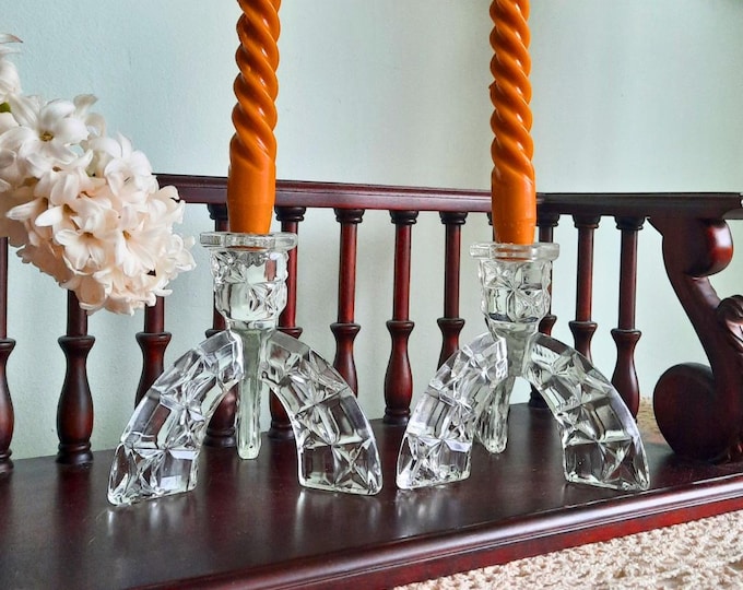 Art Deco Czech Pressed Glass Candle Holders: 1930s Rocket Pattern