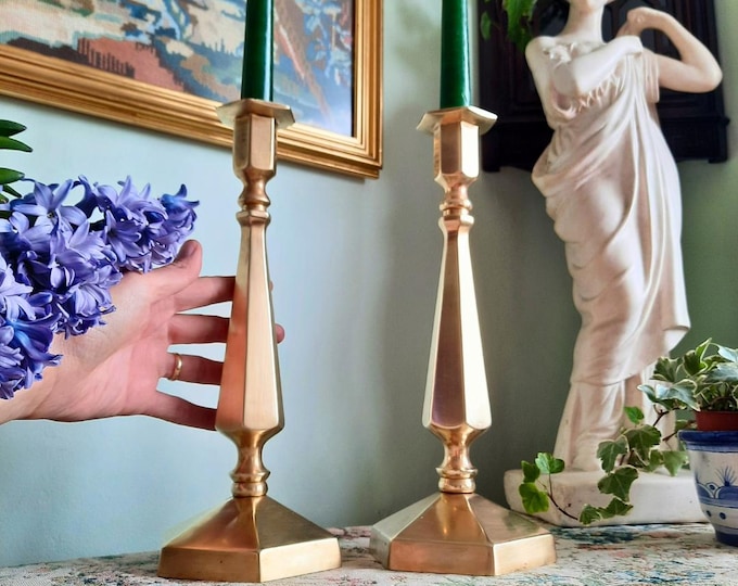 Truly Antique Tall Brass Candlestick Holders Hexagonal Base Made In England In 1908, 12'' Tall