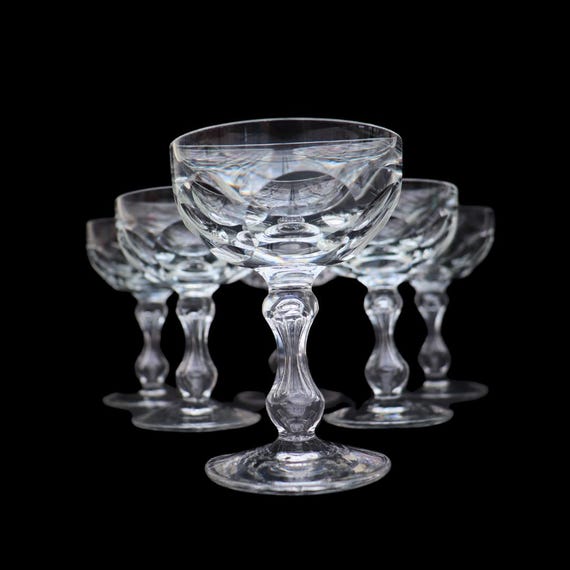 Six 1930's Val Saint Lambert Small Champagne or Sherbet Coupes Faceted Panels Air Stem H 4.2'' Excellent Condition