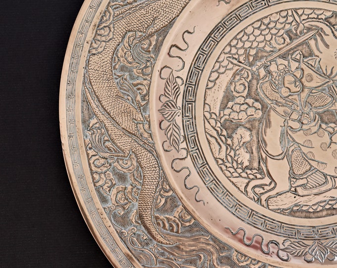 Antique Chinese Bronze Wall Plaque with Dragon Chasing Pearl and Warrior on Horse ,Signed.