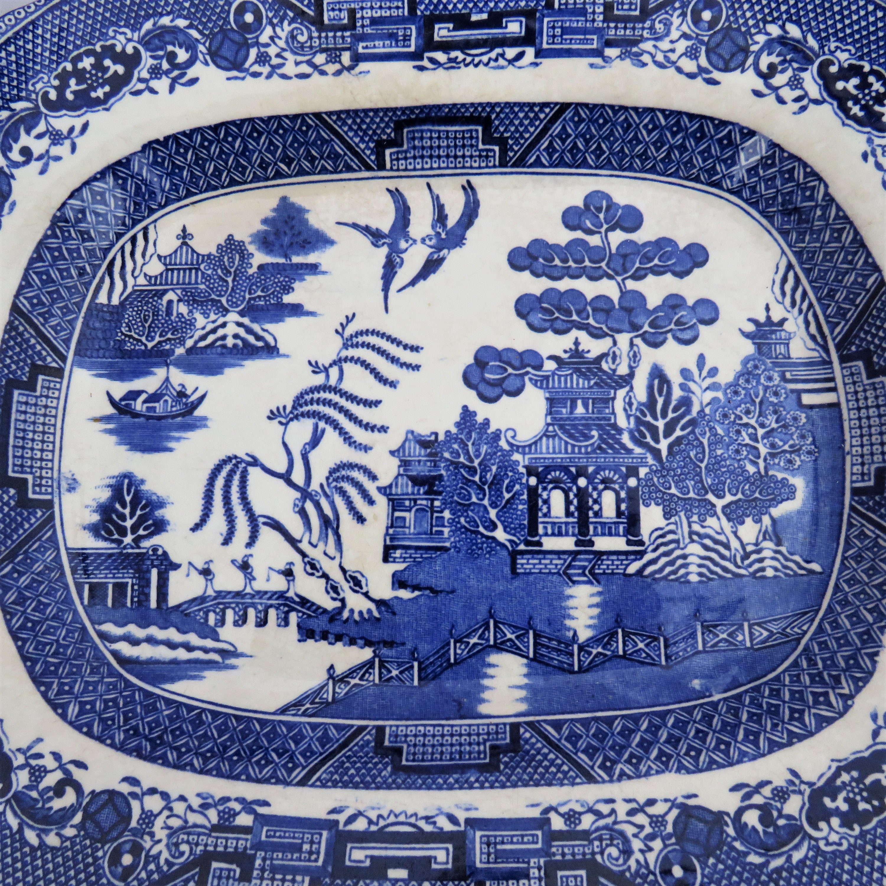 Antique Sataffordshire Willow Pattern Meat Plate. Blue and White