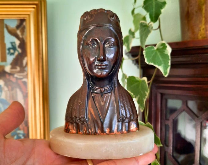 Vintage Medieval Gothic Style Our Lady Of Montserrat Virgin Madonna Copper On Marble Statue  C 1960's.