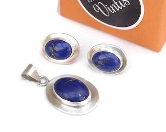 Vintage Sterling Silver & Lapis Earrings and Pendant Set .Small Lapis Earrings and pendant