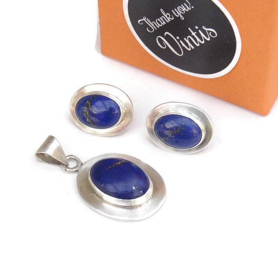 Vintage Sterling Silver & Lapis Earrings and Pendant Set .Small Lapis Earrings and pendant