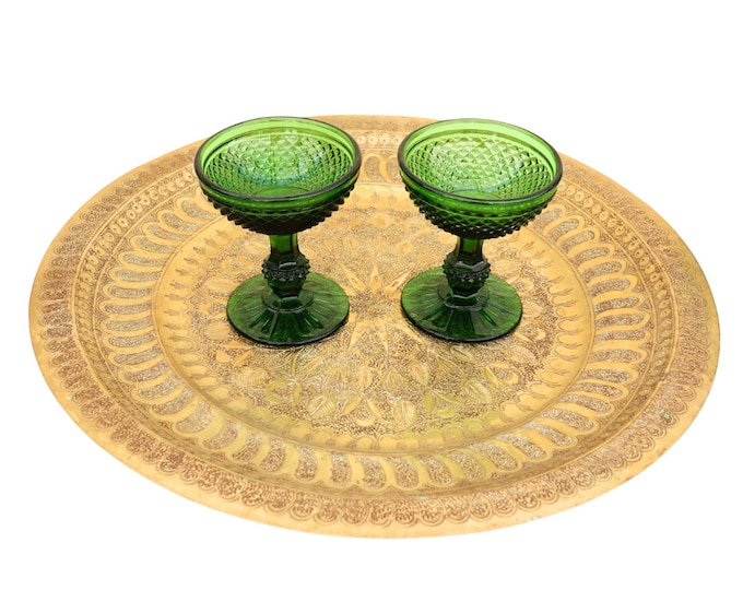 Antique Middle Eastern Brass Tray: Hand Engraved Geometric Foliate Design (15.7'')