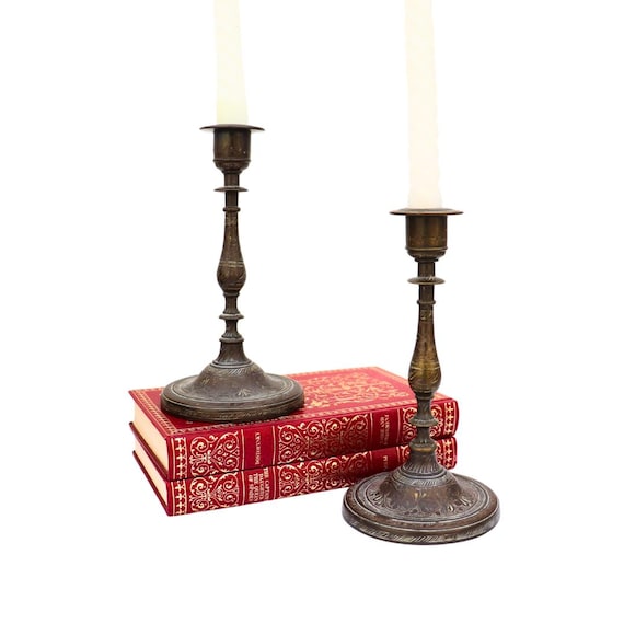 Midcentury Made In India Pair of Brass Candlestick Holders With Engraved Decoration T 7.5''