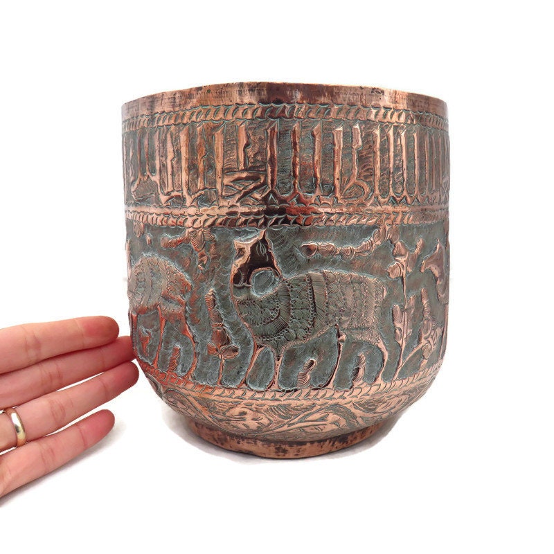 Antique Middle Eastern Hand Embossed Copper Jardiniere.Antique Embossed