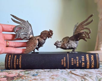 Mid Century Italian Pair of White Metal Fighting Roosters Statuettes Figurines