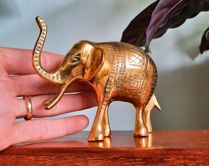 Vintage Engraved Brass Indian Elephant Figurine With Trunks Up Good Luck