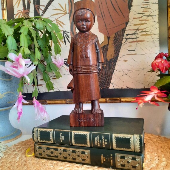 Vintage Hand Carved Wooden Russian Boy Holding Handkerchief Figure Kachin
