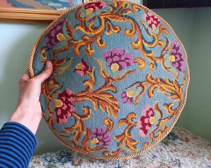 Vintage Needlepoint Jacobean Style Floral Round Pillow Cushion Velvet Back 17'' D