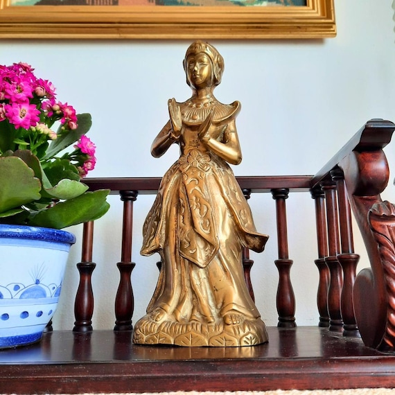 Large Mid Century Brass Thai South East Asian Lady Dancer Figurine H 9.5''