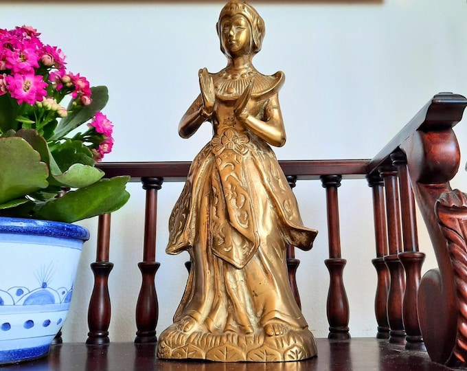 Large Mid Century Brass Thai South East Asian Lady Dancer Figurine H 9.5''