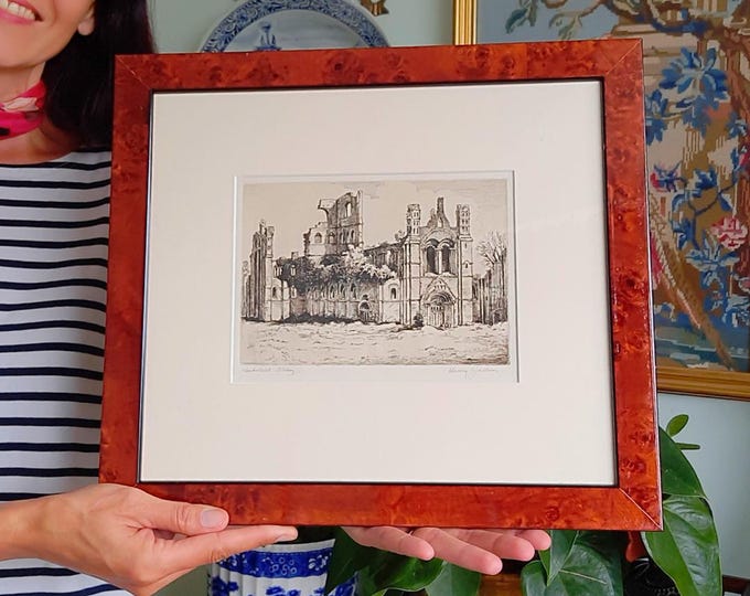 Antique Wooden Framed Authentic Etching Of Kirkstall Abbey In Yorkshire By Henry Jackson Simpson