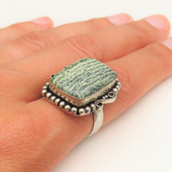 Chunky Sterling and Green Tree Agate Navajo Ring Women Size UK S 1/2  USA 9.5 .Statement Ring
