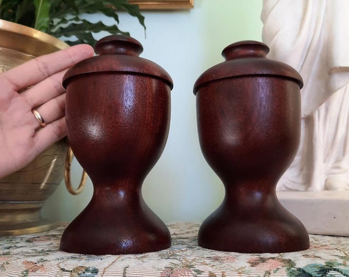 Mid Century Pedestal Hand-Turned Teak Wood Lidded Jars Pair 7.2'' Tall