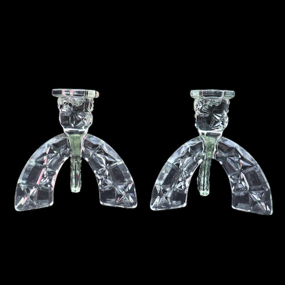 Art Deco Libochovice Czech Pressed Glass Candle Stick Holders 1930's Rocket Pattern 1471 Excellent Condition