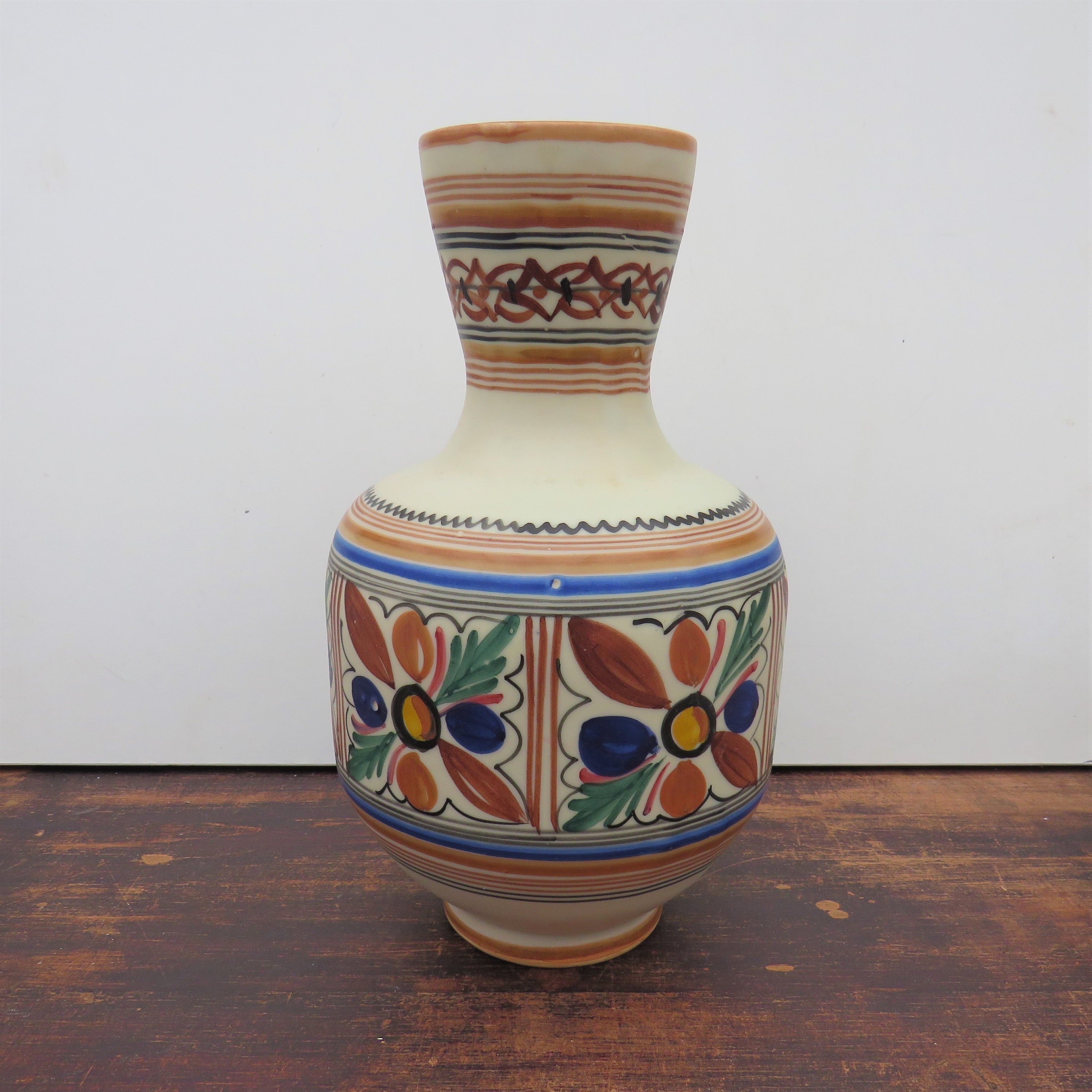 Large Spanish Hand Painted Ceramic Vase By Sanguino Toledo H 10.2''