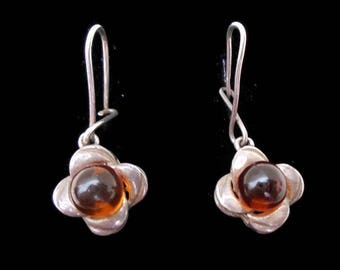 Vintage Sterling Silver and Amber Flower Dangle Earrings.Floral Dangle Earrings.Silver Boho Earrings.Vintage Ear Wire Earrings.Gift for Her.