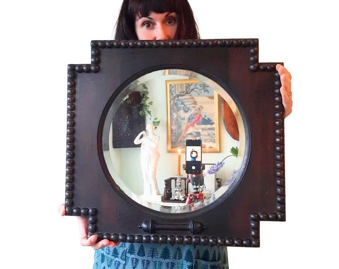 Antique Jacobean Style Oak Wood Bevelled Mirror Rope Effect Edge C 1920's.