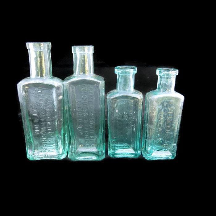 Vintage Edwardian Aqua Blue Glass Bottle Set of 4 James Waddicors