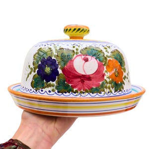 Large Deruta Italy Hand Painted Cheese Dome, Mediterranean Floral Lidded Cheese Dish