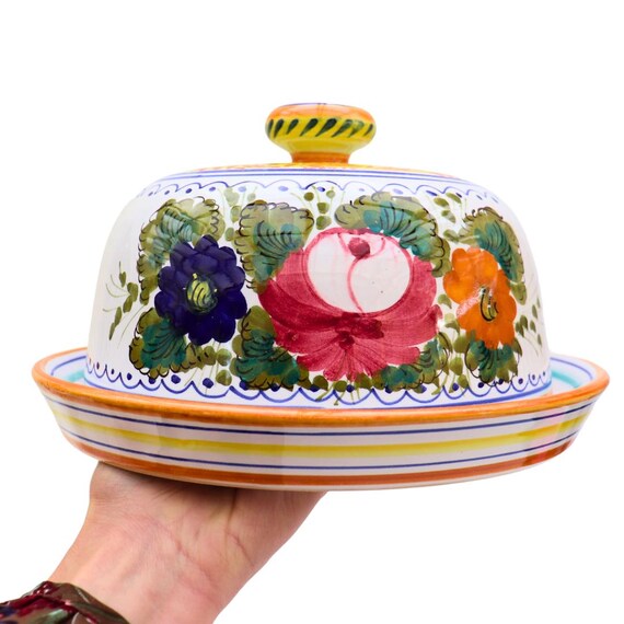 Large Deruta Italy Hand Painted Cheese Dome, Mediterranean Floral Lidded Cheese Dish