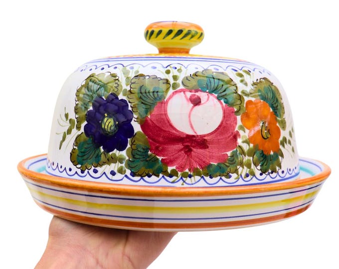 Large Deruta Italy Hand Painted Cheese Dome, Mediterranean Floral Lidded Cheese Dish