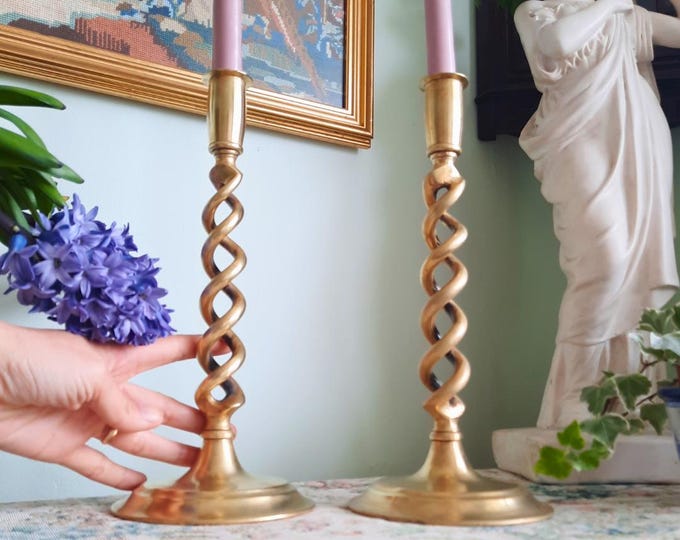 Truly Antique Victorian Open Barley Twist Brass Candle Holder Pair 1800s 12'' Tall
