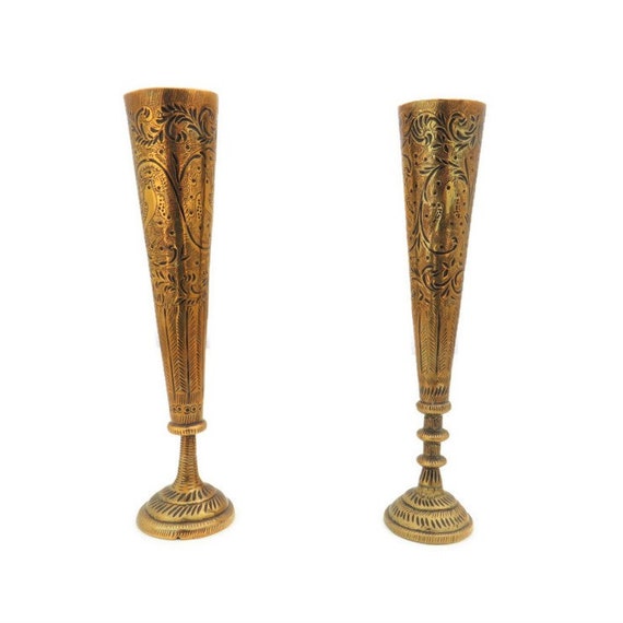 Indian Hand Engraved Brass Bud Vases Near Pair with Foliate Animal Design 20 cm H