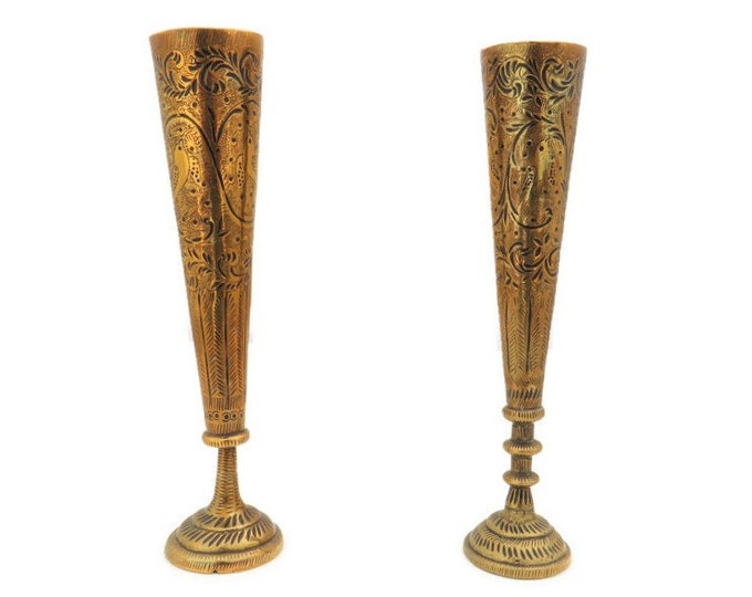 Hand Engraved Brass Bud Vases: Indian Foliate Animal Design