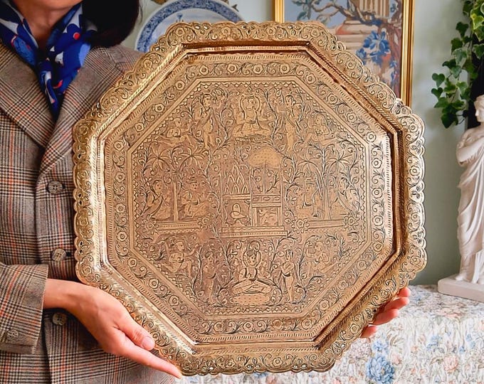 Large Antique Indian Brass Tray Finely Hand Engraved Hindu Gods Ganesh Hanuman Octogonal Shape L 50 cm COULD BE HANGED