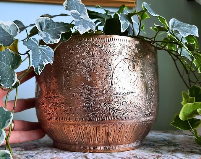 Antique Anglo-Indian Hand Engraved Animal And Figural Decoration Brass Jardiniere Planter H 6''