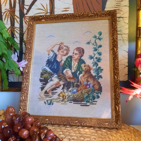 Old Needle Point Wooden Golden Frame Two Kids With A Dog Eating Grapes After Oil Painting By Murillo, Cottage Core Wall Decor