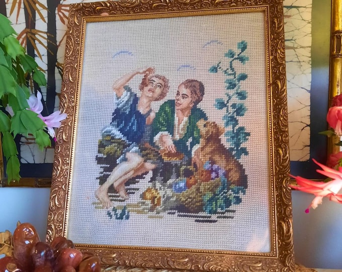 Vintage Needlepoint Art: Kids & Dog, Golden Frame Cottage Decor