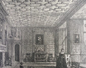 Antique Lithograph Nash 1905 Broughton Castle,Oxfordshire:The Drawing Room From The Mansions Of England in The Olden Time 1905.