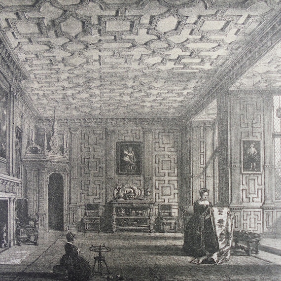 Antique Lithograph Nash 1905 Broughton Castle,Oxfordshire:The Drawing Room From The Mansions Of England in The Olden Time 1905.