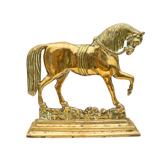 Antique English Georgian Brass Chimney Horse, Flat Back Brass Horse, Antique Horse Stattue