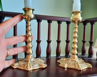 Antique Victorian Bobbin Stem Green Man Ornate Brass Candleholders Pair 5.7'' Tall