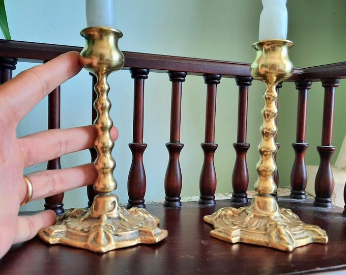 Antique Victorian Bobbin Stem Green Man Ornate Brass Candleholders Pair 5.7'' Tall