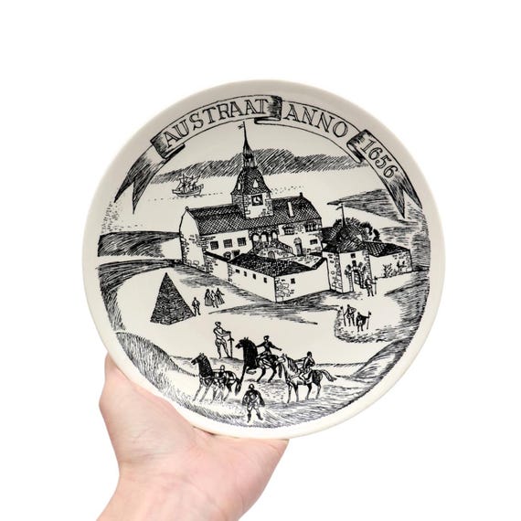 Mid Century Scandinavian Wall Plate By Stavangerflint Depicting History Glimpses Of Austrått Manor in Trondelag  Norway 1656 RARE