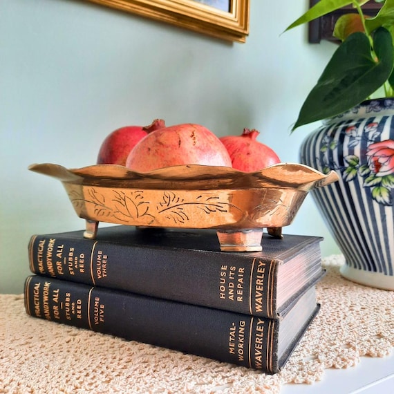Mid Century Chinese Brass Dragon Bowl Rectangular Footed And Ruffled Edge