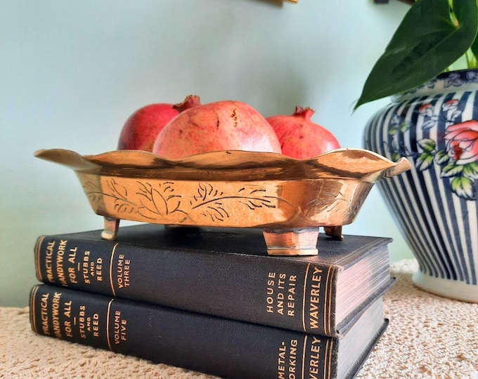 Mid Century Chinese Brass Dragon Bowl Rectangular Footed And Ruffled Edge