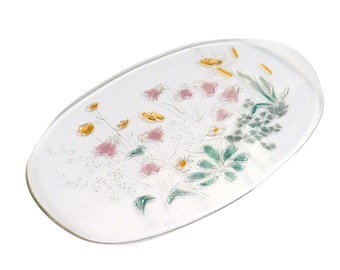 Retro Walther-Glass Glass Oval Cinderella Tray Pattern Wild Flowers Savoir Vivre 16 1/2, Serving Tray By Walther Glass Germany