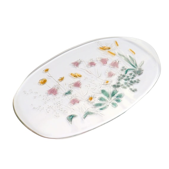 Retro Walther-Glass Glass Oval Cinderella Tray Pattern Wild Flowers Savoir Vivre 16 1/2, Serving Tray By Walther Glass Germany