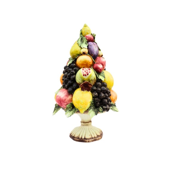 Mid Century Italian Majolica Ceramic Fruits Topiary Table Centrepiece, Capodimonte Topiary By Visconti Mallolica