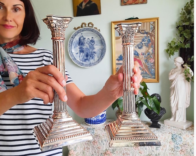 Antique Large Corinthian Column Silver Plated Copper Candlesticks Pair With Stepped Tiered Square Bases
